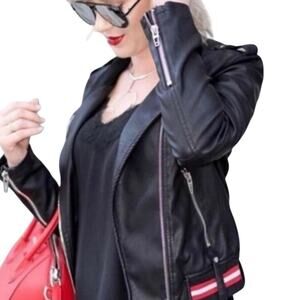 Blank NYC Uma Stripe Varsity Moto Vegan Leather Jacket Size S New with Tag